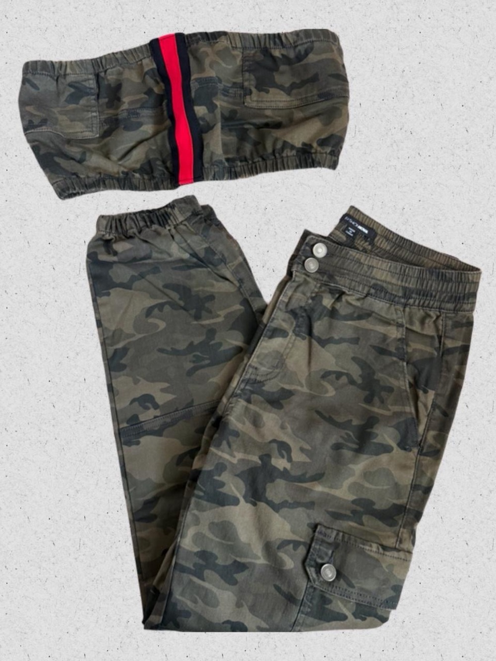 Fashion Nova 2 Piece Set With Camo Cropped Strapless and Joggers